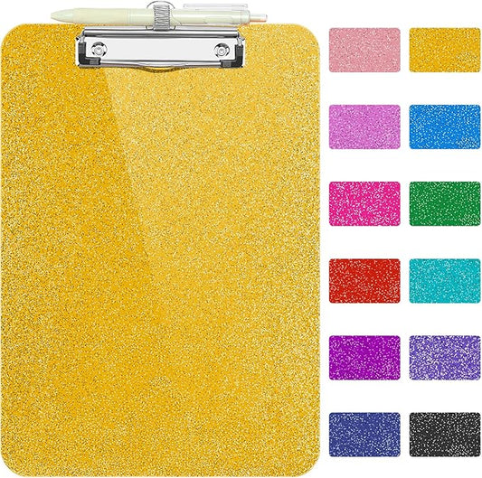 SFLHHDM Clear Glitter Clipboards, Plastic Clipboard with Pen Holder, Clip Boards 8.5x11 with Low Profile Clip, Cute Hanging Clip Board for Office School Supplies Sparkly Clipboard (Champagne Gold)