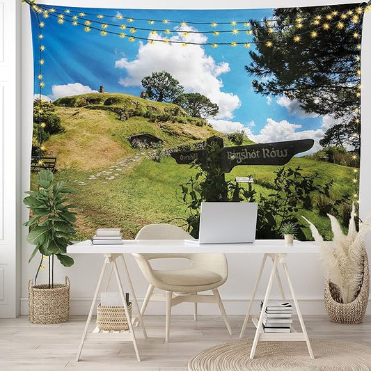 Ambesonne Hobbits Tapestry, Overhill Hobbit Village in Matamata New Zealand Fantasy Scene House Image Print, Fabric Wall Hanging Decor for Bedroom Living Room Dorm, 28" X 23", Green Blue