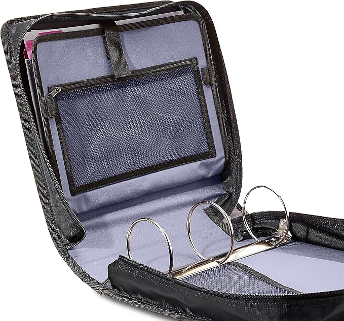 Amazon Basics Durable 3 Ring Binder with Zipper and Strap, Multiple Pockets, Sturdy Storage for School and Office, 3 inch, Black