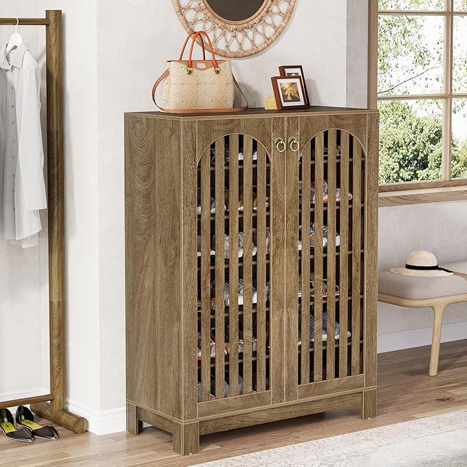 Tribesigns Shoe Cabinet Set of 2, Wood Shoe Organizer Cabinet with Doors & Adjustable Shelves, Shoe Storage Rack for Entryway, Living Room, Bedroom