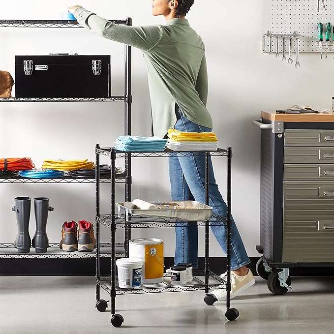 Amazon Basics 3-Shelf Adjustable Heavy Duty Storage Shelving Unit on 2" Wheels, Metal Wire Rack for Garage, Utility Shelving with Leveling Feet, 23.2" L x 13.4" W x 32.75" H, Black