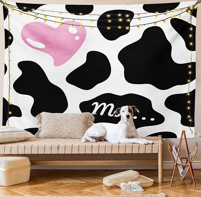 Ambesonne Cow Print Tapestry, Camouflage Hide Skin Pattern in Pastel Color Shades Heart Shape Moo, Wall Hanging for Bedroom Living Room Dorm Decor, 40" X 60", Pink Black White