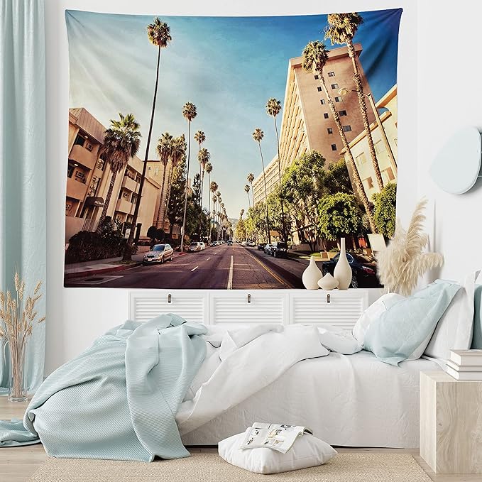 Ambesonne Urban Tapestry, Street in Beverly Hills CaliforniPalm Trees Houses Famous City Photo, Fabric Wall Hanging Decor for Bedroom Living Room Dorm, 30" X 45", Pale Blue Peach Green