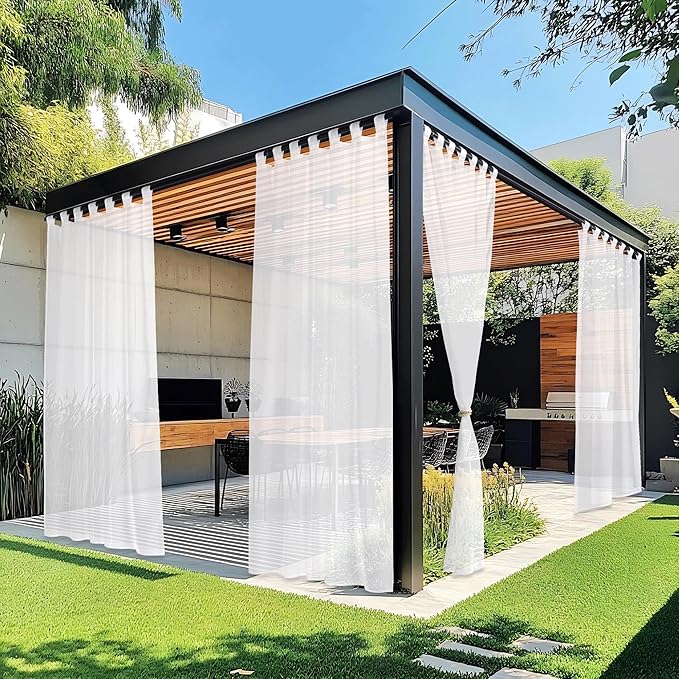 NICETOWN 2 Panels Sheer Outdoor Patio Curtains Waterproof, Tab Top Lightweight Elegant Indoor Outdoor Sheer Voile Drapes Airy with Light Filtering for Yard/Gazebo, W54 x L96 inch, White