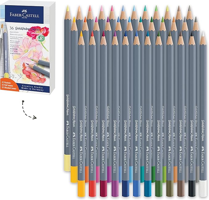 Faber-Castell Goldfaber Aqua Watercolor Pencils Gift Set - 36 Count, 12 Pastel and 24 Standard Colors, Water Coloring Pencils for Adults