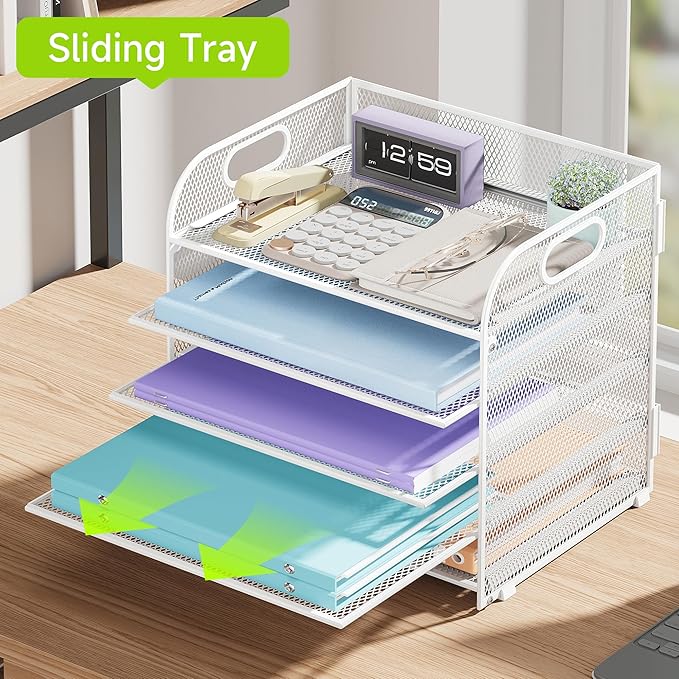 2 Pack 5 Tier Paper Organizer, Letter Tray with Handle, Mesh Desk Organizer, Metal File Organizer, Office Desk Accessories for Home, Office, Classroom, School -White