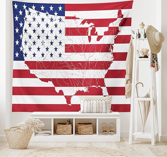 Ambesonne American Flag Tapestry, America Continent Shaped Flag Martial Design International World Glory Print, Fabric Wall Hanging Decor for Bedroom Living Room Dorm, 45" X 30", Indigo Red