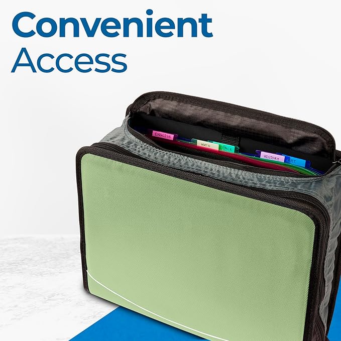 Case-it Mighty Zip Tab School Zipper Binder | 3-Inch O-Rings, 600-Sheet Capacity, 5-Subject Expanding File Folder, Multiple Pockets & Storage Organizer, Shoulder Strap | D-146 Key Lime