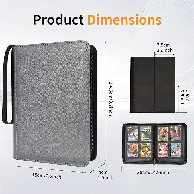 Wonderpool Card Binder A5 Album Zippered 4-Pocket Trading for 240 Cards - Leather PU Card Holder Collection Storage Folder, Side-Loading for Photo Pokemon, MTG, TCG, Yugioh, Sports Cards (Grey)
