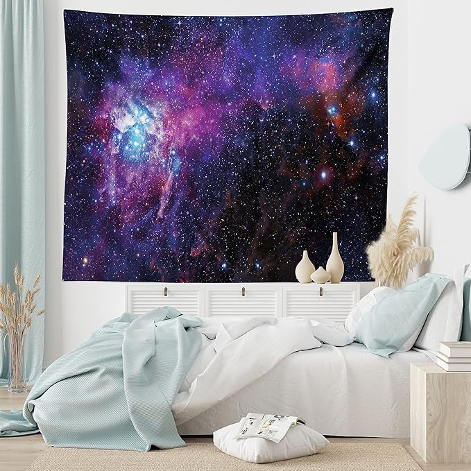Ambesonne Galaxy Tapestry, Starry Night Nebula Cloud Celestial Theme Image Space Art Elements Print, Wide Wall Hanging for Bedroom Living Room Dorm, 60" X 40", Black Purple Blue