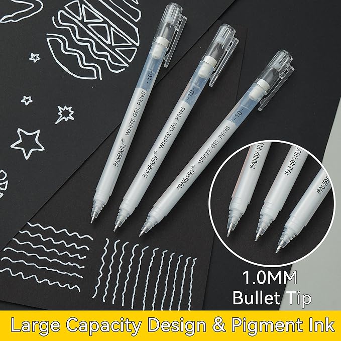 PANDAFLY White Gel Pens, 10 Pack, 1 mm Extra Fine Point Gel Ink Pen, Opaque Archival Ink Pens for Black Paper Drawing, Sketching, Card Making, White Pen for Art Highlight & Artists Drawing