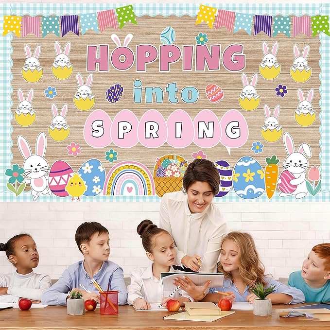 Spring Easter Bulletin Board Set Easter Bunny Eggs Bulletin Board Classroom Decorations Hopping into Spring Cutouts for Teacher Classroom School Office Chalkboard Wall Home Decor