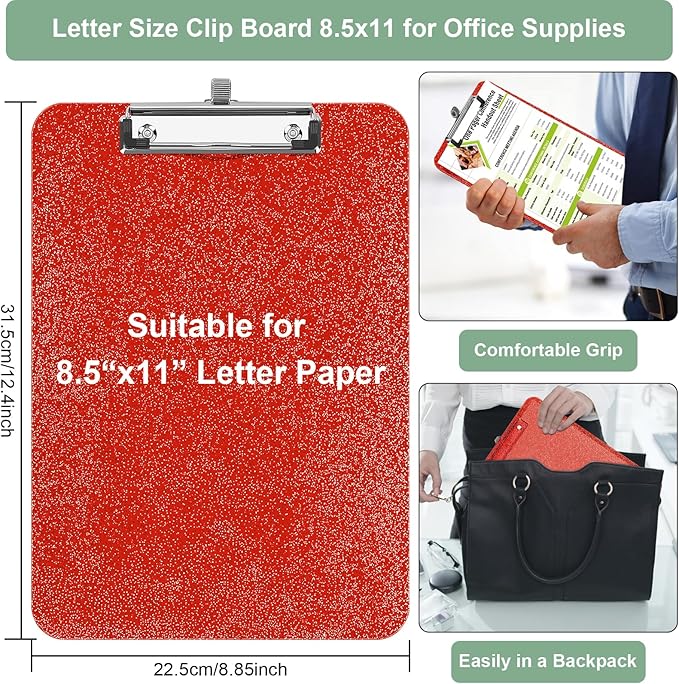 1 Pcs Clear Glitter Clipboards, Plastic Clipboard with Pen Holder,Size 8.85 x 12.4 in Shiny Clipboards with Low Profile Clip,Cute Hanging Clipboard for Office Supplies Sparkly Clip Board-Tangerine