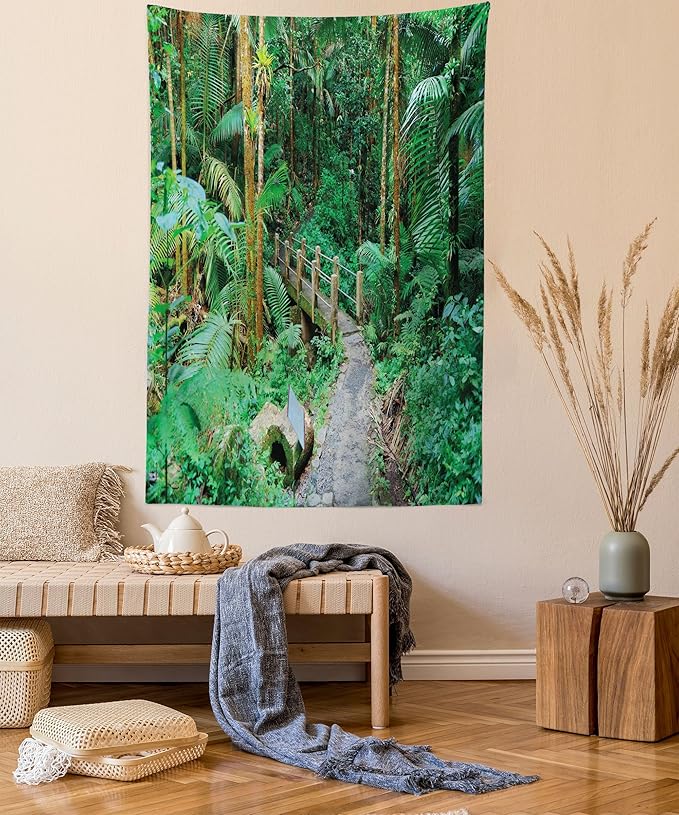 Ambesonne Puerto Rico Tapestry Queen Size, Tropical Rain Forest in San Juan Exotic Jungle Nature Photography, Wall Hanging Bedspread Bed Cover Wall Decor, 88" X 88", Green Pale Brown Ginger