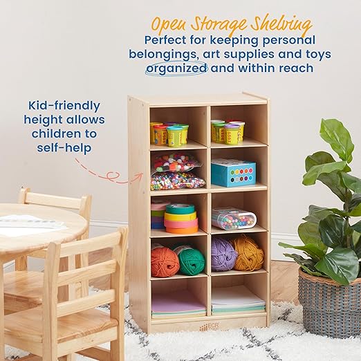 ECR4Kids 10 Cubby Mobile Tray Storage Cabinet, 5x2, Classroom Furniture, Natural