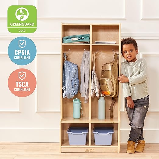 ECR4Kids 2-Section Coat Locker with Bench and Cubby Storage, Classroom Furniture, Natural