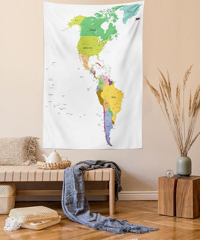 Ambesonne Map Tapestry, Map of South and North America with Countries Capitals and Major Cities Colorful Design, Fabric Wall Hanging Decor for Bedroom Living Room Dorm, 30" X 45", Green White