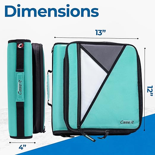 Case-it Universal Zipper Binder | 2-Inch O-Rings, 13-Inch Laptop/Tablet Padded Pocket, 400 Sheet Capacity, Multiple Storage Pockets & Shoulder Strap | School & Office Organizer | LT-007 Spearmint