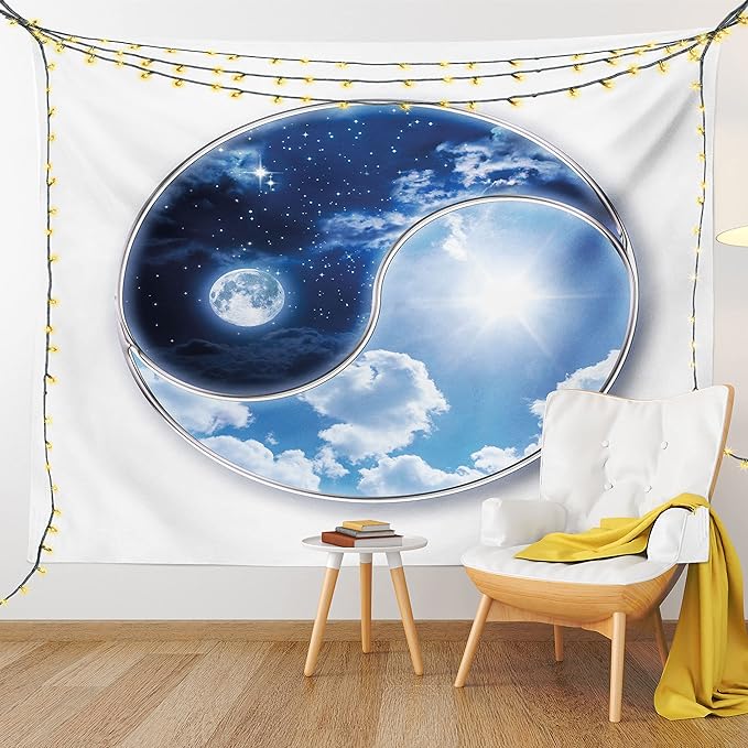 Ambesonne Space Tapestry, Yin Yang World Moon and Sun Harmony of the Universe Art Print, Fabric Wall Hanging Decor for Bedroom Living Room Dorm, 45" X 30", Navy Blue Sky Blue White