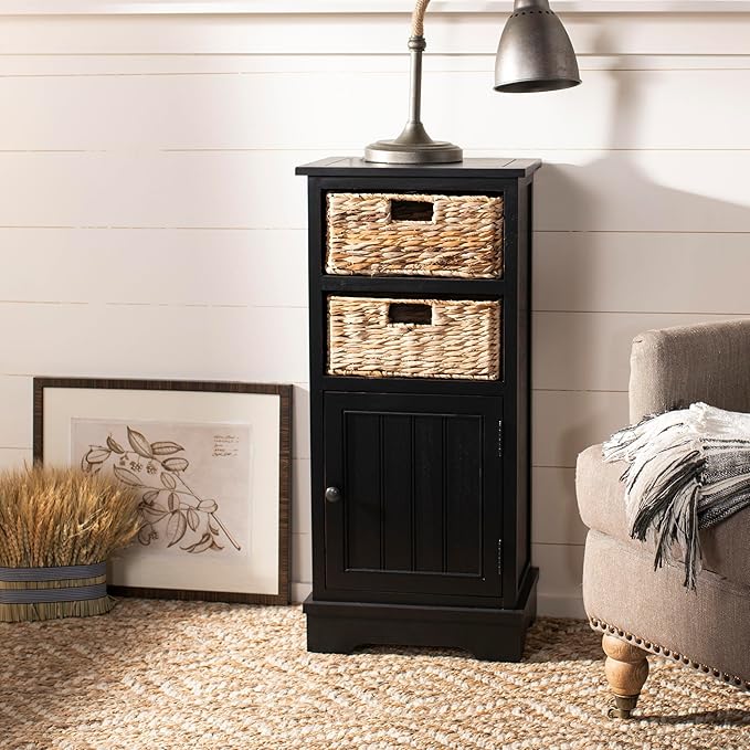 SAFAVIEH Home Collection – Connery Distressed Black Storage Cabinet with Rattan Baskets & Bottom Door, Farmhouse Accent Storage, Fully Assembled (AMH5742A)