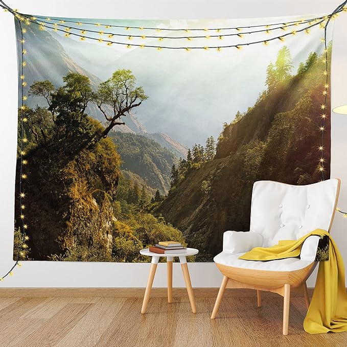 Ambesonne Landscape Tapestry, Forest Nepal Himalaya Mountains Sunlight Majestic Scenery Nature Photo, Fabric Wall Hanging Decor for Bedroom Living Room Dorm, 23" X 28", Green Pale Yellow