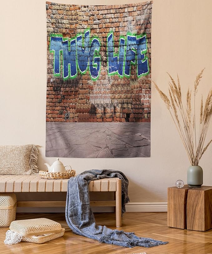 Ambesonne Thug Life Tapestry Queen Size, Graffiti Style Words on a Brick Wall Street Urban Art Hip Hop Rap Culture Theme, Wall Hanging Bedspread Bed Cover Wall Decor, 88" X 88", Brown Blue