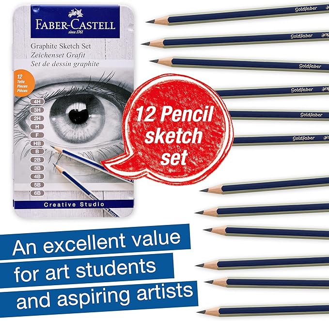 Faber-Castell Graphite Pencils Drawing Set: 12 Art Pencils for Sketching (4H, 3H, 2H, H, F, HB, B, 2B, 3B, 4B, 5B, and 6B), Shading Pencils for Drawing and Sketching, Graphite Pencil Kit