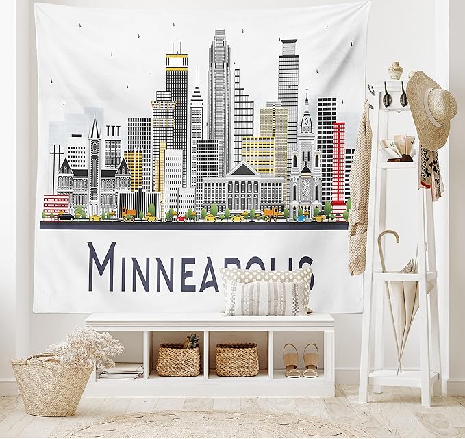 Ambesonne Minnesota Tapestry, Elevation of a Street in Minneapolis Image with High Detailed Facades, Fabric Wall Hanging Decor for Bedroom Living Room Dorm, 23" X 28", White Grey