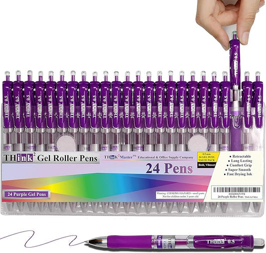 [24 Pens - Purple Ink] Think2 Retractable Gel Pens. (24 Purple) Fine Point (0.5mm) Rollerball Pens with Comfort Grip.