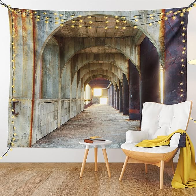 Ambesonne Urban Tapestry, Corridor of Concrete Pillars Structure Urban Industrial Rustic Style Art, Wide Wall Hanging for Bedroom Living Room Dorm, 60" X 40", Brown Purple