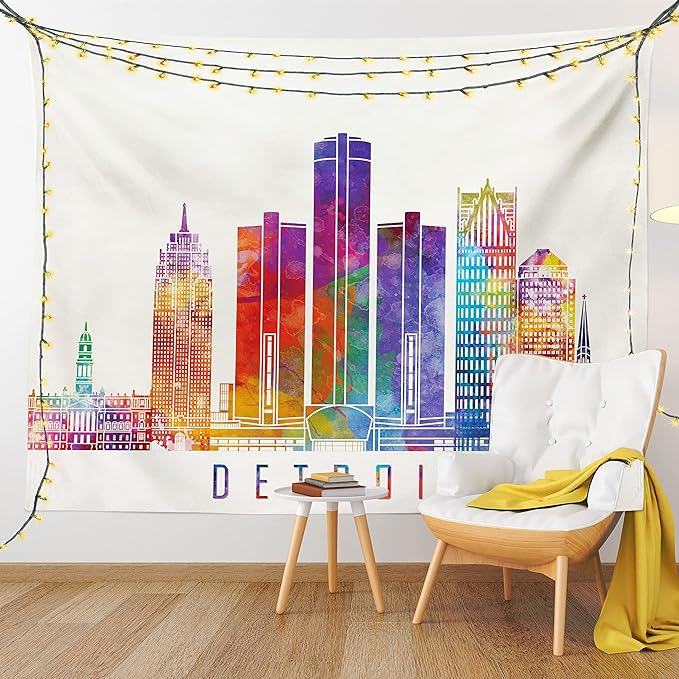 Ambesonne Detroit Tapestry, Vibrant Colored Abstract Skyscrapers Modern Architecture Watercolor Style Landmarks, Fabric Wall Hanging Decor for Bedroom Living Room Dorm, 30" X 45", Ivory