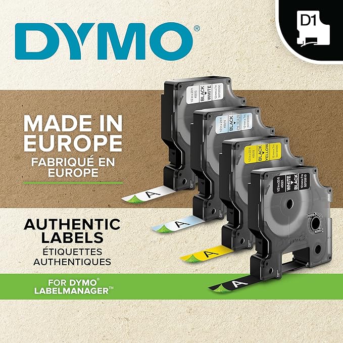 DYMO D1 Labels for LabelManager Label Makers, Black Print on White, 1/2-Inch x 23-Foot Rolls, Self-Adhesive, 2 Count