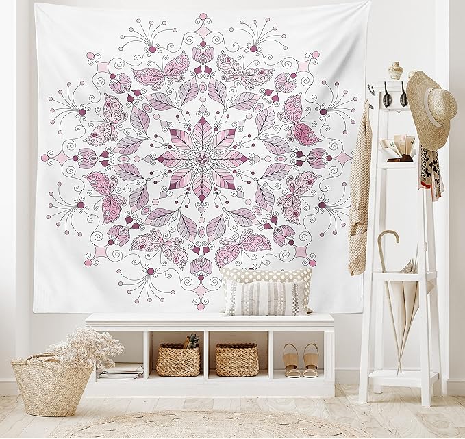 Ambesonne Mandala Tapestry King Size, Lacy Inspired Pastel Floral Motif with Butterfly and Lotus Branches Design, Wall Hanging Bedspread Bed Cover Wall Decor, 104" X 88", White Pale Pink