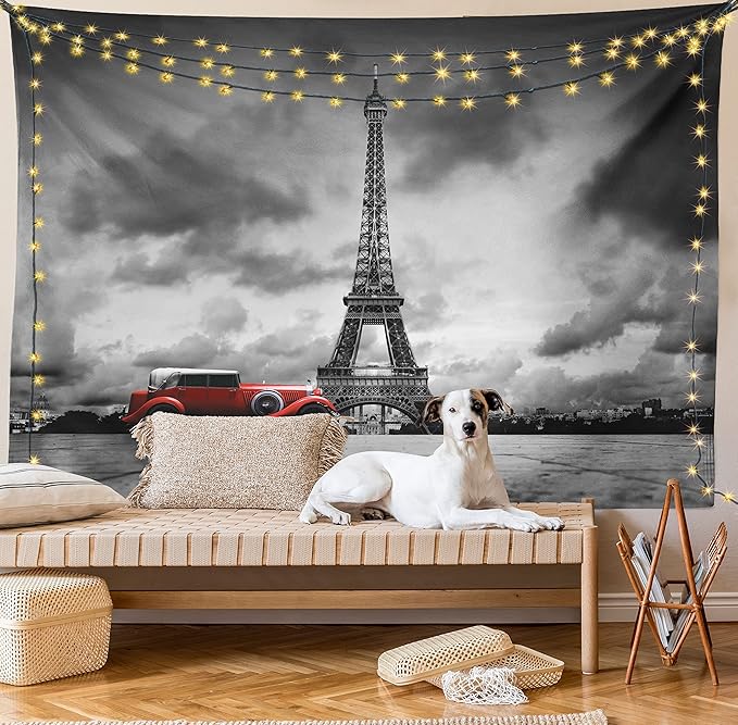 Ambesonne Eiffel Tower Tapestry, Image of Eiffel Tower Paris France Vintage Car Street Dark Clouds, Fabric Wall Hanging Decor for Bedroom Living Room Dorm, 45" X 30", Black Red