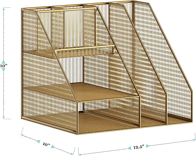 Martha Stewart Ryder Gold Mesh Metal Large Desktop Organizer with Magazine File Holder, Pen Holder, and Storage