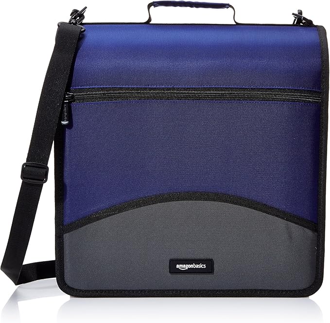 Amazon Basics Durable 3 Ring Zipper Binder with Multiple Pockets and Shoulder Strap, O-Ring Closure, Large Capacity, 4 inches, Blue
