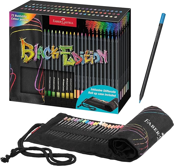 Faber-Castell Black Edition Colored Pencils Roll: Soft Core Pencils with Bold Pigment and Smooth Laydown, Break-Resistant Leads, Ergonomic Grip, and Roll-Up Case for Travel (72 Count)