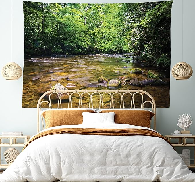 Ambesonne Appalachian Tapestry, Oconaluftee River at Smoky Mountains National Park, Fabric Wall Hanging Decor for Bedroom Living Room Dorm, 45" X 30", Lime Green Charcoal Grey