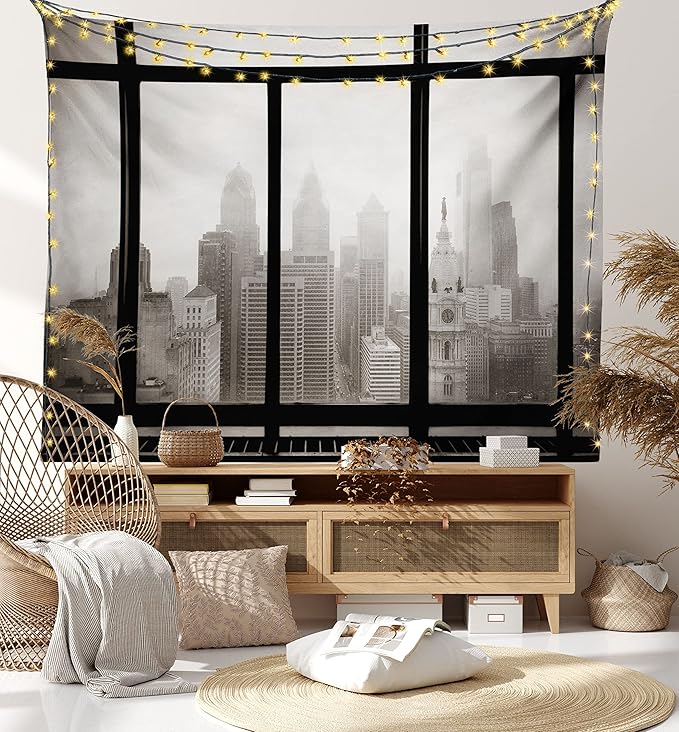 Ambesonne City Tapestry, Philadelphia City Rooftop View Through Window Skyline Landmark Rooftop Travel, Fabric Wall Hanging Decor for Bedroom Living Room Dorm, 45" X 30", Grey Black