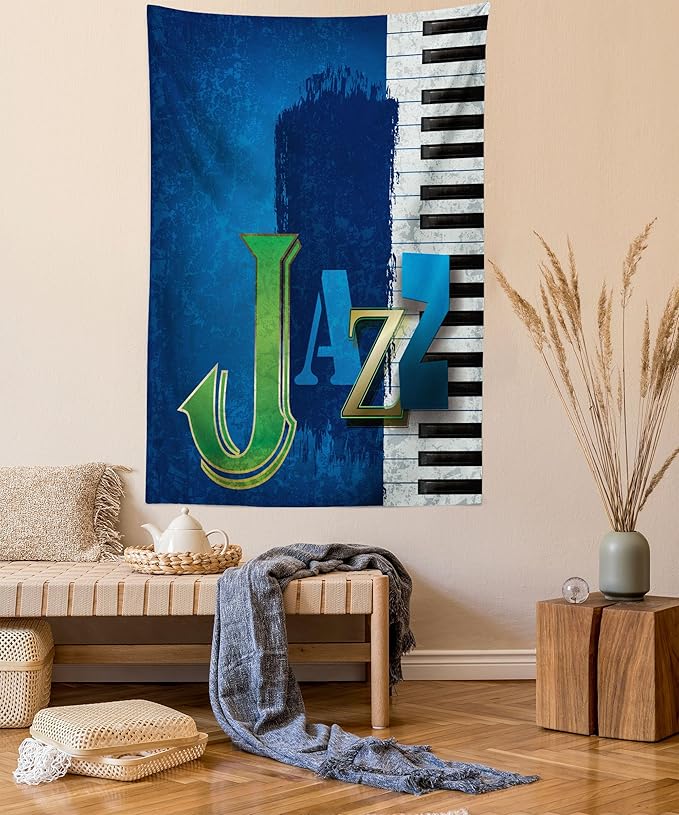 Ambesonne Jazz Music Tapestry Twin Size, Abstract Cracked Background Piano Keys Themed Print Rhytym Image, Wall Hanging Bedspread Bed Cover Wall Decor, 68" X 88", Navy Green White