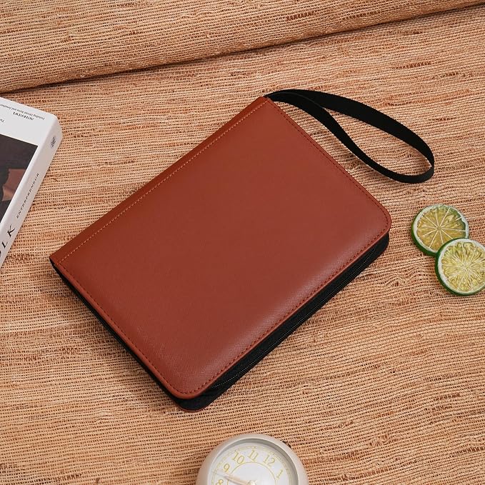 Wonderpool Card Binder A5 Album Zippered 4-Pocket Trading for 240 Cards - Leather PU Card Holder Collection Storage Folder, Side-Loading for Photo Pokemon, MTG, TCG, Yugioh, Sports Cards (Brown)