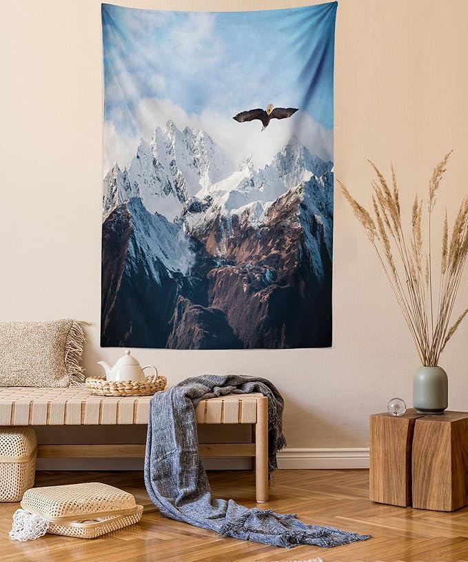 Ambesonne Mountain Tapestry Queen Size, Frozen Peaks Tops of the Mountain with a Flying Eagle Free in Nature Photo, Wall Hanging Bedspread Bed Cover Wall Decor, 88" X 88", Brown White Blue