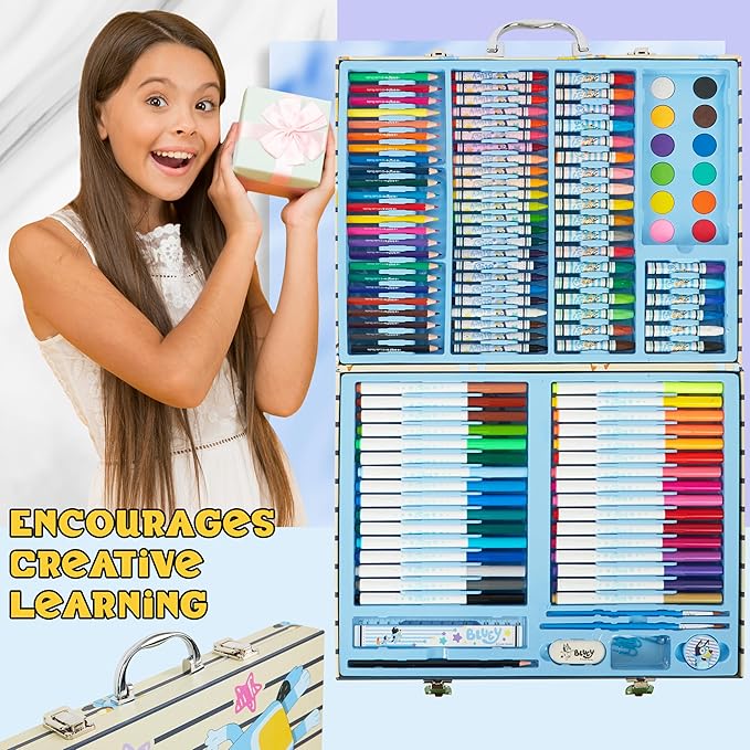 Bluey Colored Pencils Art Supplies for Boys Girls Drawing Kit Painting School Supplies Art Kit Travel Case Gifts for Kids (Blue Case)
