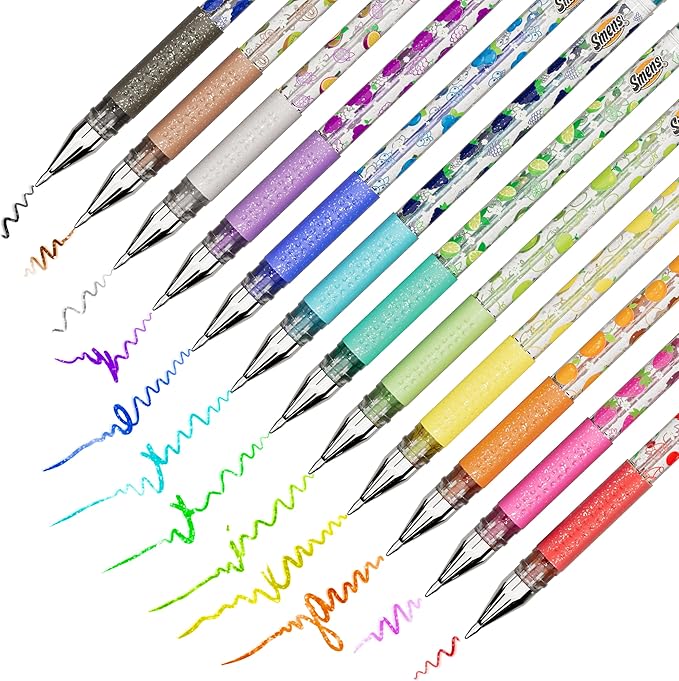 Smens Scented Glitter Gel Pens – 12 Pack Colored Gel Pens with Sparkly Ink & Gourmet Scented Grips – Fun School Supplies, Cute Journaling Pens & Creative Stationery Gift Set
