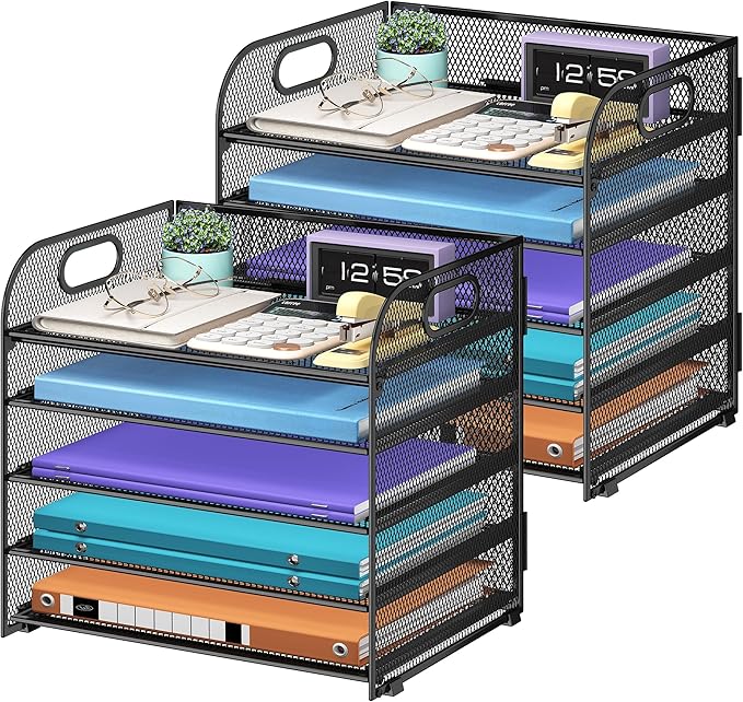 2 Pack 5 Tier Paper Organizer, Letter Tray with Handle, Mesh Desk Organizer, Metal File Organizer, Office Desk Accessories for Home, Office, Classroom, School -Black