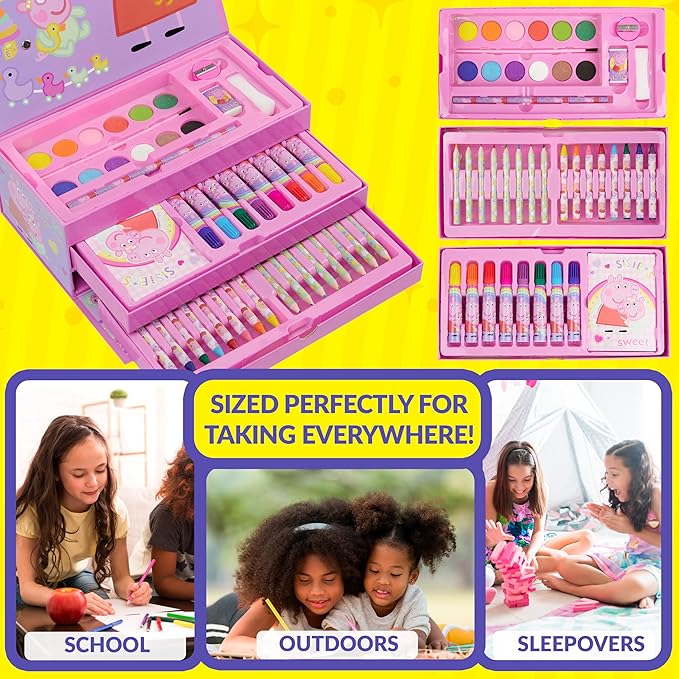 Peppa Pig Art Case for Girls, Colored Pencils, Crayons, Markers, Watercolors, Art Supplies, Drawing Supplies, Travel Stationery Box, Gifts for Girls