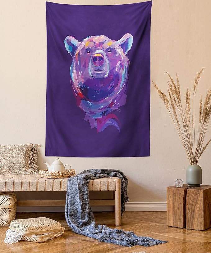 Ambesonne Bear Tapestry, Abstract Portrait with Digital Brushstrokes Wildlife Mascot Display, Wall Hanging for Bedroom Living Room Dorm Decor, 60" X 80", Purple Pink Sky Blue