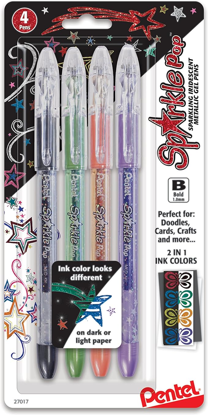 Pentel Sparkle Pop Metallic Gel Pen, 1.0mm Bold Line, Assorted Colors, Pack of 4 (K91BP4M)
