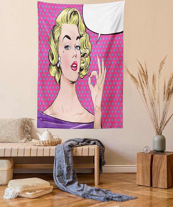 Ambesonne Vintage Tapestry Queen Size, Pop Art Blonde Woman Making OK Sign on Dotted Background Retro Comic Book Design, Wall Hanging Bedspread Bed Cover Wall Decor, 88" X 88", Pink Blue