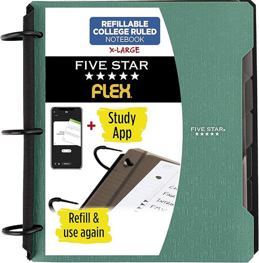 Five Star Flex Refillable Notebook + Study App, College Ruled Paper and 1-1/2 Inch TechLock Ring Binder with Pockets, Tabs and Dividers, 300 Sheet Capacity, Seaglass Green (29324AQ8)